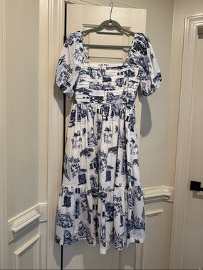 Abercrombie White Sundress with Navy Scenic Print